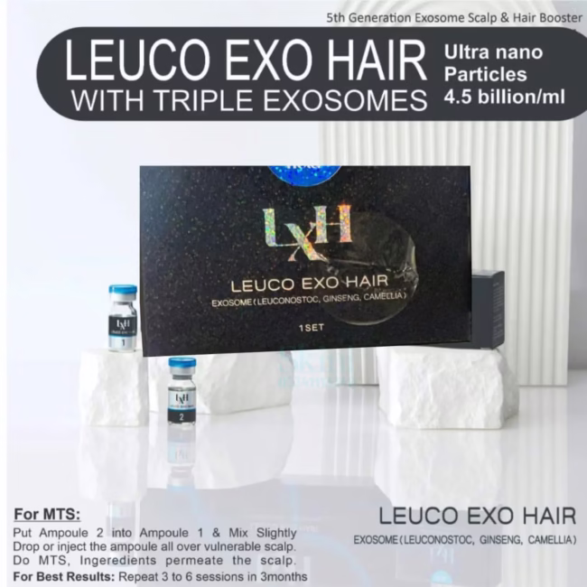 Leuco Exo Hair scalp booster kit and ampoules.