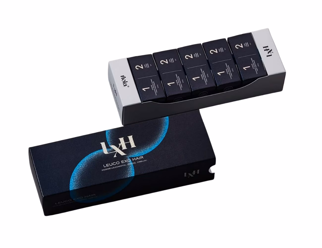 Open Leuco Exo Hair box revealing a tray of black treatment ampoules.