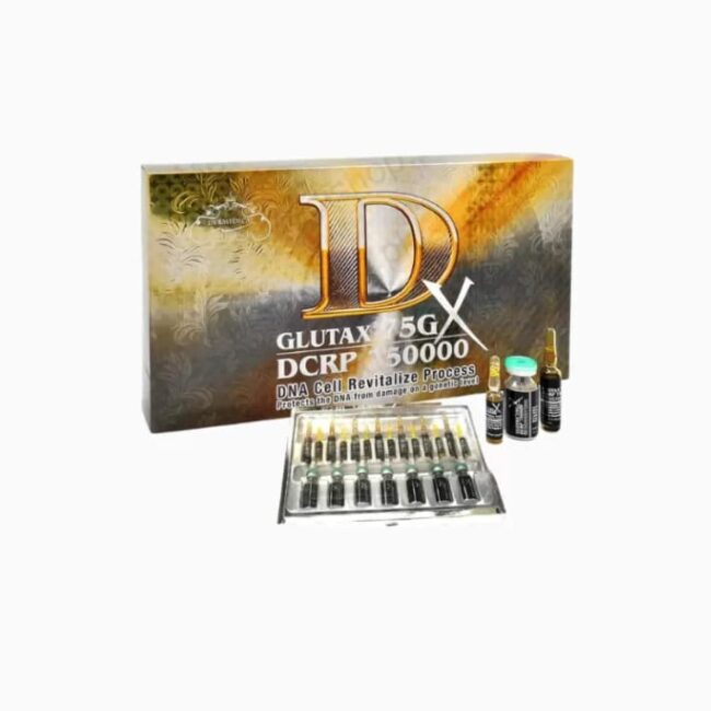 Glutax 75G DCRP 750000 packaging box with DNA cell revitalize ampoule tray.